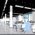Modern Public Office Space With Open Workstations Computers Large Windows And Ceiling Lights 3d model
