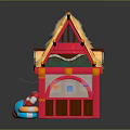 Vibrant Beach Hut Building Featuring Thatched Roof Green White Striped Awning Lifebuoy And Colorful Balls