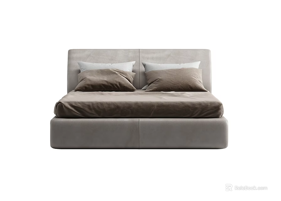 Modern Upholstered Double Bed With Gray Headboard And Brown Pillows 3d model