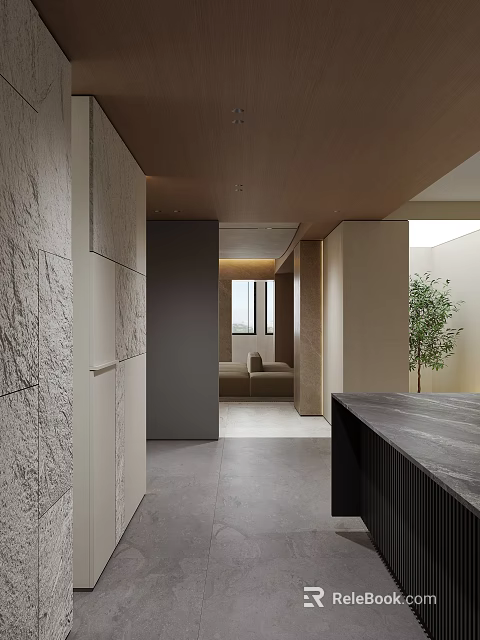 Modern Minimalist Entrance Hallway With Stone Walls Wooden Ceiling And Natural Light 3d model 