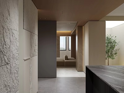 Modern Minimalist Entrance Hallway With Stone Walls Wooden Ceiling And Natural Light 3d model