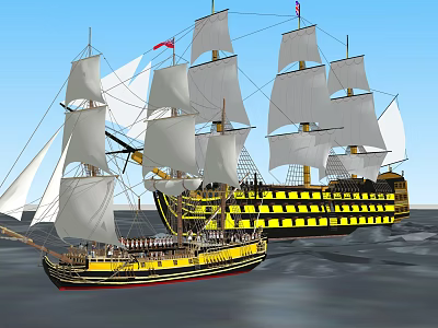 Vintage Sailing Ships With Tall Masts White Sails And Yellow Black Hull On Sea 3d model