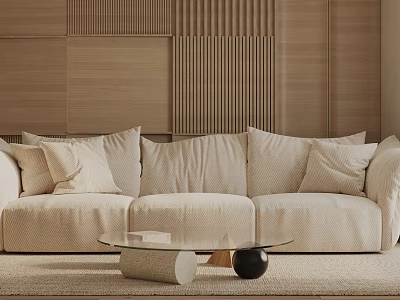 Beige Fabric Three Seater Sofa With Soft Cushions And Glass Coffee Table On Wooden Wall 3d model