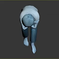 Blue Haired Humanoid Creature Character Sitting Hugging Knees On Reflective Gray Floor