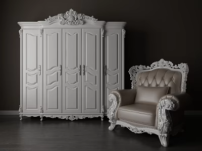 White Classic Wardrobe With Ornate Carvings And Matching Accent Chair Interior 3d model