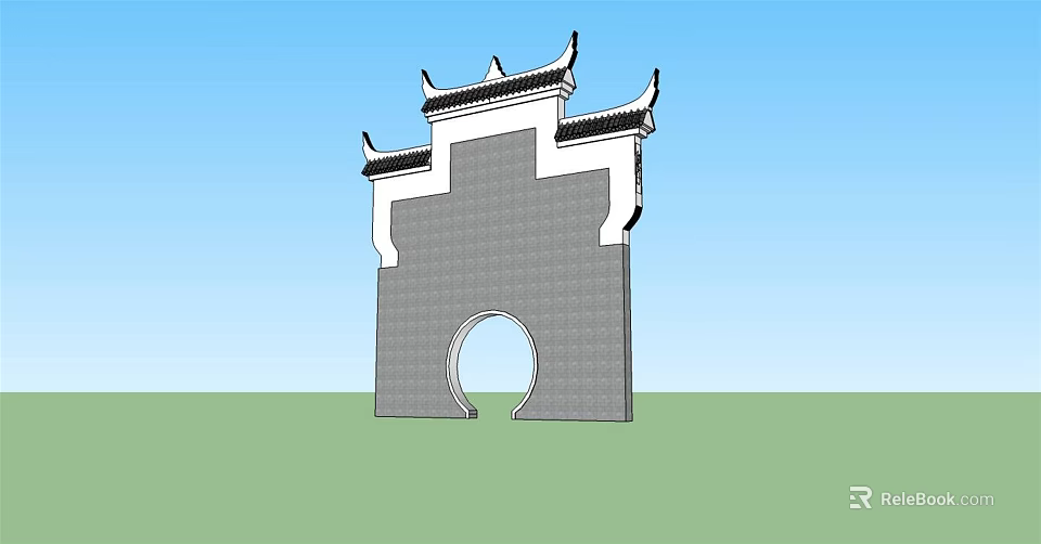 Traditional Chinese Building Exterior Wall With Gray Bricks Traditional Eaves And Circular Archway 3d model 