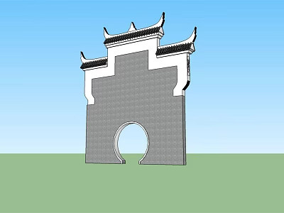 Traditional Chinese Building Exterior Wall With Gray Bricks Traditional Eaves And Circular Archway 3d model