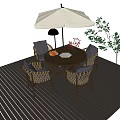 Outdoor Table and Chair Set with Umbrella on Wooden Deck Fruit Plate and Flower Vase