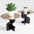Modern Round Side Tables With Wooden Top And Geometric Black Base Featuring Green Plant
