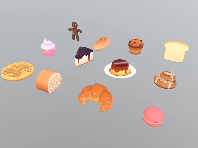 Assorted Baked Desserts Featuring Cupcake Croissant Macaron Waffle and Cake 3d model