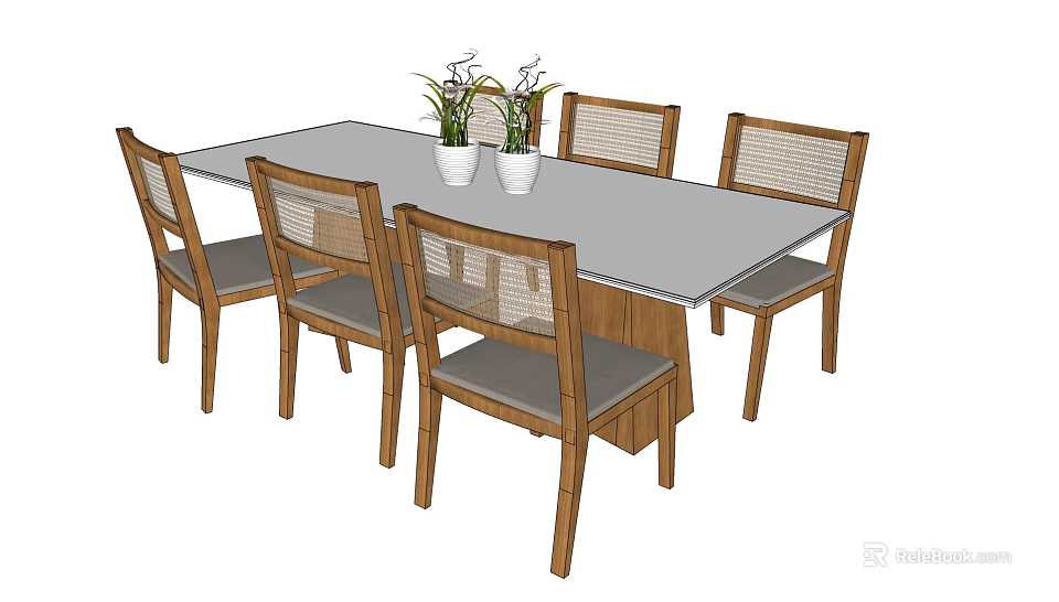 Rectangular Wooden Dining Table Set With Six Chairs Woven Backrests And Green Plants 3d model
