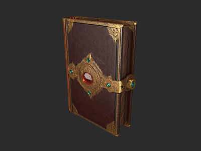 Vintage Decorative Book With Brown Leather Cover Golden Ornaments And Gemstones 3d model