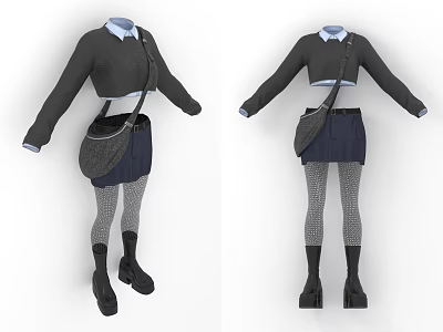 Black Sweater Outfit With Blue Shirt Dark Skirt Plaid Leggings Crossbody Bag And Black Boots 3d model