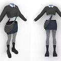 Black Sweater Outfit With Blue Shirt Dark Skirt Plaid Leggings Crossbody Bag And Black Boots