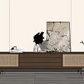 Modern Minimalist Dining And Living Room With Wooden TV Cabinet Woven Panels And Marble Painting