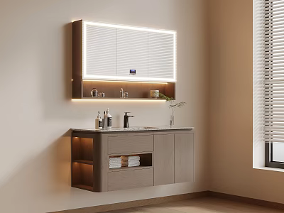 Modern Bathroom Vanity Cabinet with LED Mirror Gray Design Drawers Open Shelves and Faucet 3d model