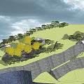 Garden Landscape Design Featuring Trees Paved Pathway Wooden Pavilion and Water Feature
