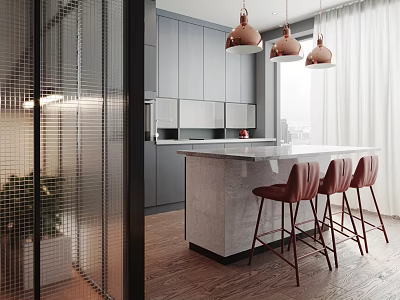 Modern Kitchen Interior With Gray Cabinets Island Counter Copper Pendant Lights And Red Bar Stools 3d model