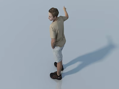 Man Pointing In Beige T-shirt Light Shorts Brown Shoes With Shadow On Light Blue Background 3d model