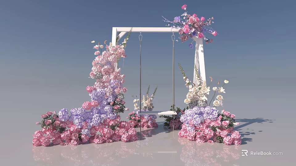 Romantic Floral Swing Photo Check in Spot With Pink Purple Flower Decorations 3d model 