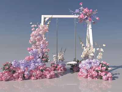 Romantic Floral Swing Photo Check in Spot With Pink Purple Flower Decorations 3d model