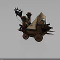 Ancient Military War Vehicle Featuring Wooden Catapult Mechanism Red Wheels And Canvas Canopy
