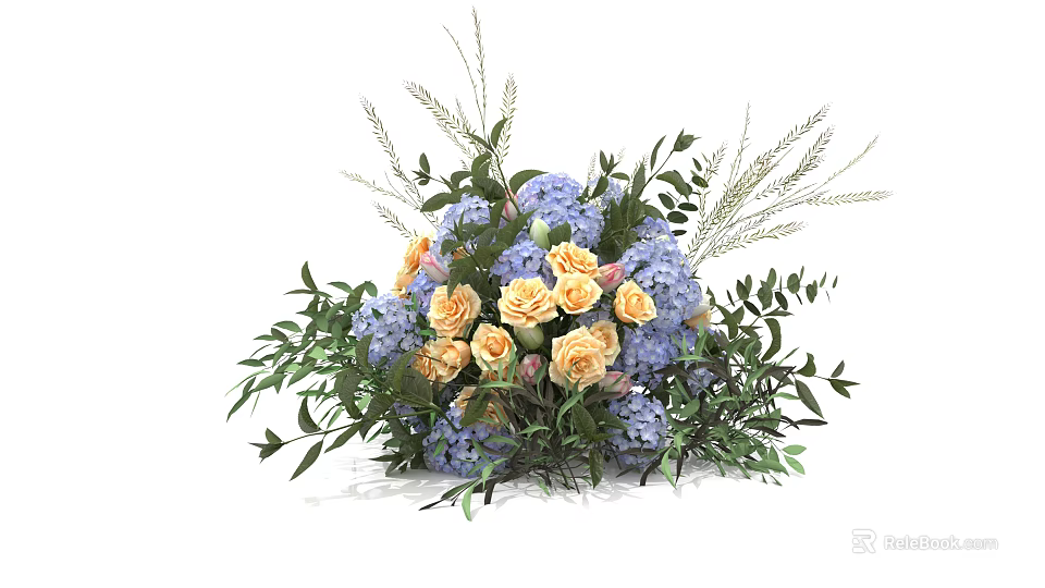 Elegant Floral Installation With Yellow Roses Blue Hydrangeas Green Foliage And Grasses 3d model 