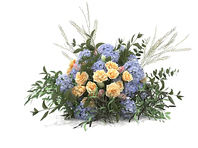Elegant Floral Installation With Yellow Roses Blue Hydrangeas Green Foliage And Grasses 3d model