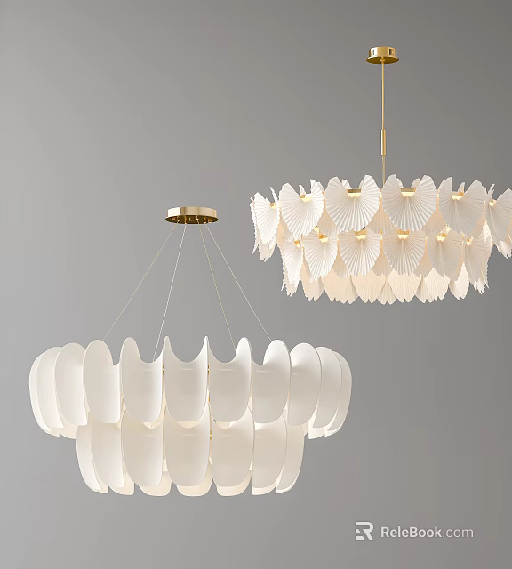 Modern Minimalist White Chandeliers With Curved Fan Shaped Panels And Golden Top Connections 3d model 