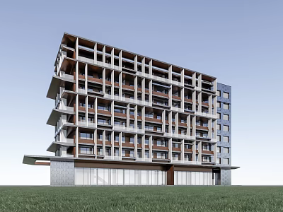 Modern Multi Storey Office Building Exterior With Glass Windows And Balconies On Green Lawn 3d model