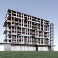 Modern Multi Storey Office Building Exterior With Glass Windows And Balconies On Green Lawn