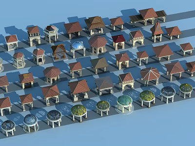 Small House Models With Various Roof Designs And Different Structures Arranged On Blue Background 3d model