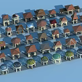 Small House Models With Various Roof Designs And Different Structures Arranged On Blue Background