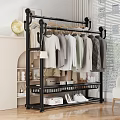 Black Metal Shoe Rack with Hanging T Shirts Shirts and Lower Storage Basket