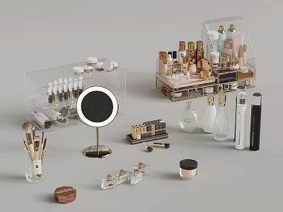 Elegant Cosmetics Storage With Transparent Organizers Mirror Brushes Lipsticks And Perfumes 3d model