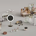 Elegant Cosmetics Storage With Transparent Organizers Mirror Brushes Lipsticks And Perfumes