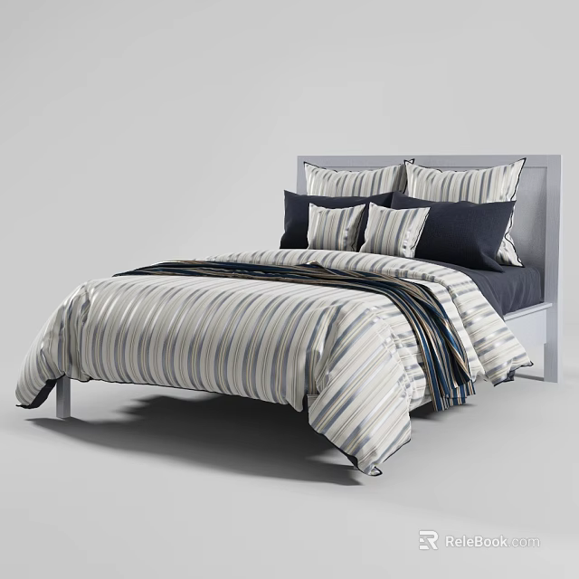 Modern Double Bed With Striped Bedspread Blue White Pillows And Gray Headboard 3d model 