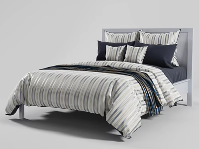 Modern Double Bed With Striped Bedspread Blue White Pillows And Gray Headboard 3d model