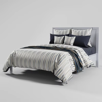 Modern Double Bed With Striped Bedspread Blue White Pillows And Gray Headboard 3d model