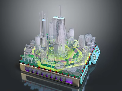 Cartoon City Model With Tall Transparent Buildings Green Circular Areas And Colorful Lights 3d model