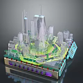 Cartoon City Model With Tall Transparent Buildings Green Circular Areas And Colorful Lights