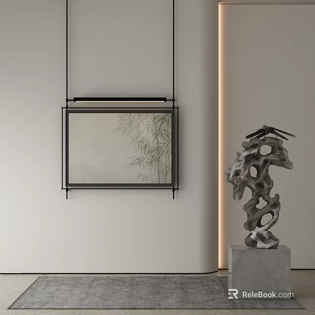 Abstract Wall Painting With Bamboo Elements And Modern Irregular Sculpture Decor 3d model