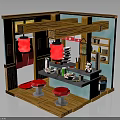 Japanese Style Interior With Wooden Counter Red Lanterns And Red Stools