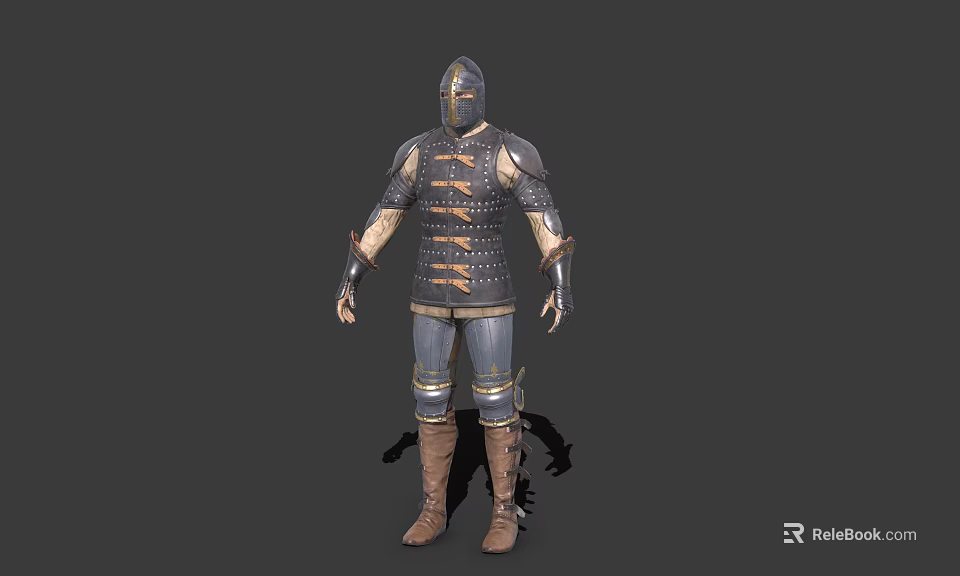 Game And Movie Medieval Warrior Character In Black Gold Metallic Armor With Helmet And Boots 3d model 