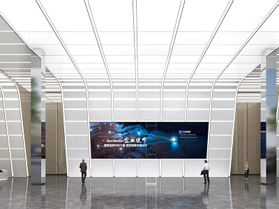 Modern Spacious Bright Service Hall With Large Screen Glass Curtain Wall And People 3d model
