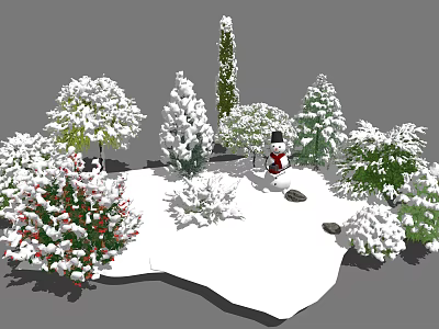 Snow Covered Shrubs In Winter Garden With Snowman And Evergreen Trees 3d model