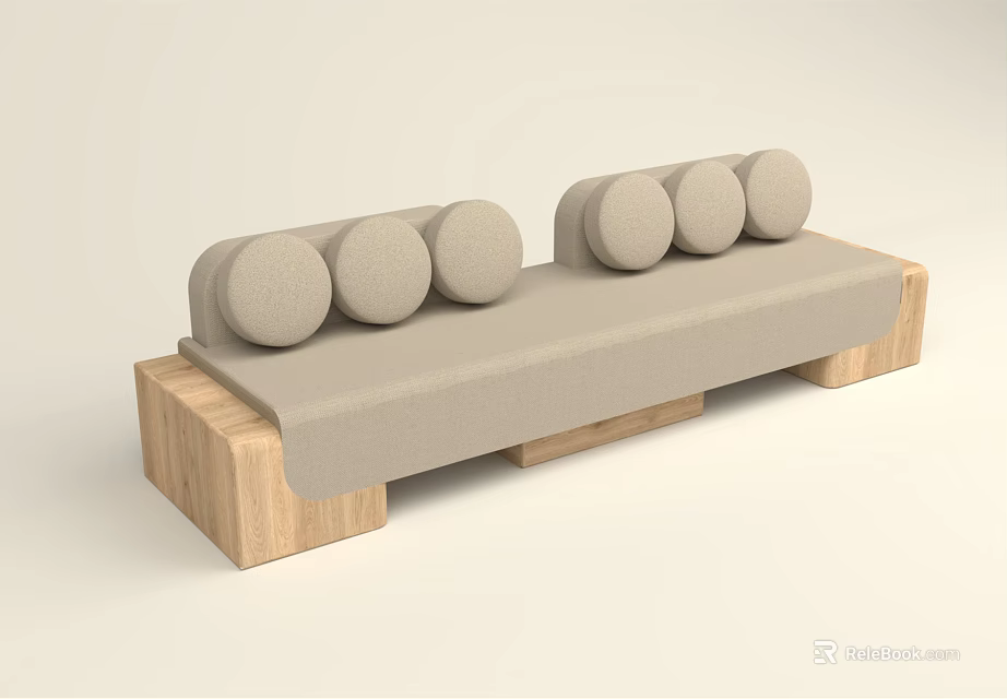 Modern Multi Person Sofa With Wooden Frame And Round Light Beige Cushions 3d model
