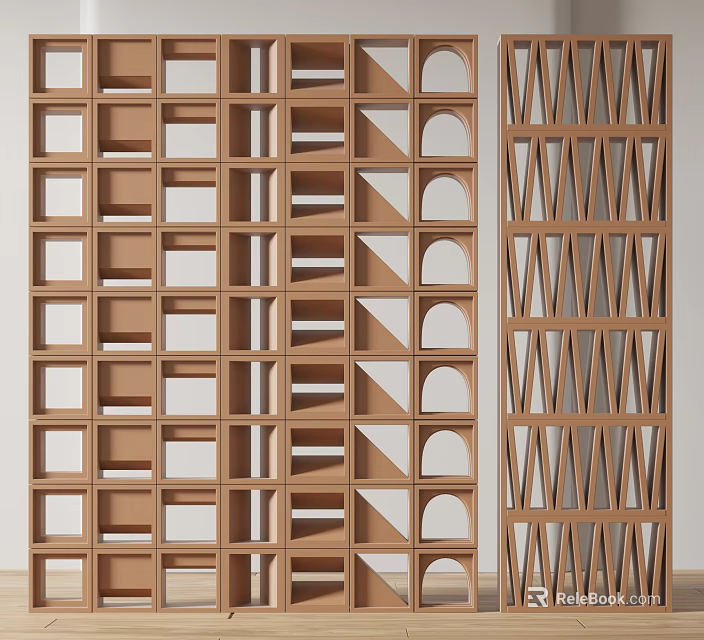 Wooden Room Dividers With Geometric Patterns Square Triangular Circular Cutouts And Vertical Slats 3d model