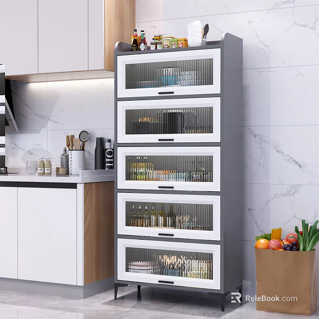 Modern Kitchen Sideboard With Glass Doors And Storage Marble Wall And Fresh Fruits Vegetables 3d model 