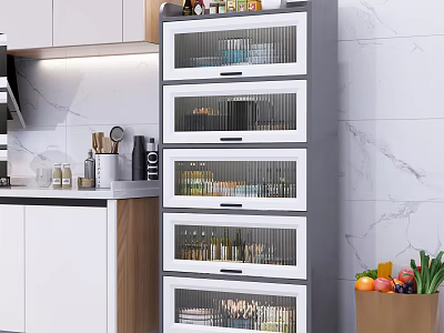 Modern Kitchen Sideboard With Glass Doors And Storage Marble Wall And Fresh Fruits Vegetables 3d model